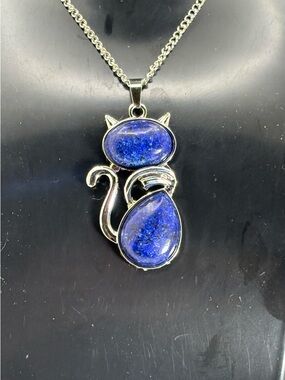 Lapis Lazuli Cat Necklace • Silver-Tone Cat Pendant